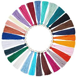 Mixed Color Nylon Thread Tassel Pendant Decorations, with Metal Findings, Golden, Big Pendants, Mixed Color, 63~66x7mm, Hole: 7mm