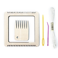 Square Wooden Mini Weaving Loom Kits, with 2Pcs Plasitc Needles, 1 Bundle Wool Threads, Hand Knitting Tools, Square Pattern, 10x10x0.5cm