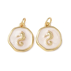 Желтая Старая Ткань  Латунные подвески, с эмалью, плоский круг с подвесками в виде морского конька, без кадмия и без свинца, стойки покрытие, долговечный, с целью перехода в кольце, реальный 18 k позолоченный, старое кружево, 16.5x13.5x2.5 мм, отверстие : 3.5 мм
