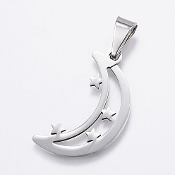 Stainless Steel Color Non-Tarnish 304 Stainless Steel Pendants, Moon with Star, Stainless Steel Color, 31x17x6mm, Hole: 3x9.5mm