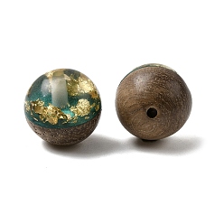 Темный Голубой Ореховое дерево с бусинами из золотой фольги из смолы, круглые, темные голубые, 15 мм, отверстие : 1.8 мм