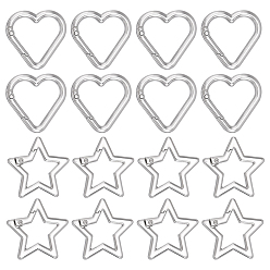 Platinum 16Pcs 2 Styles Zinc Alloy Spring Gate Rings, Star & Heart, Platinum, 30~32x31.5~33x3.5~4mm, 8pcs/style