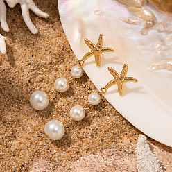 Кремово-белый Серьги-гвоздики с имитацией жемчуга из цинкового сплава, морская звезда, кремово-белые, 70 мм