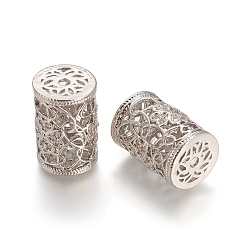 Platinum Brass Micro Pave Clear Cubic Zirconia Beads, Long-Lasting Plated, Hollow, Column with Flower, Clear, Platinum, 18x12.5mm, Hole: 2mm