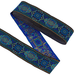 Blue 7M Vintage Jacquard Polyester Ribbon, Emobridered Woven Ribbon, Flower Pattern, for Clothes Accessories, Blue, 1-3/8 inch(34mm)