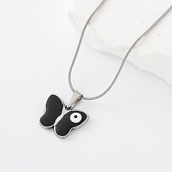 Negro 304 Collares con colgante de mariposa y ojo turco de acero inoxidable esmaltado para hombres y mujeres, color acero inoxidable, negro, 15.75 pulgada (40 cm)