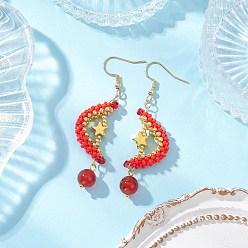 Красный Природные сердолик болтаться серьги, луна, со стеклом, золотые, красные, 62.5x17.5 мм