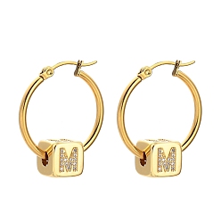 Letter M 304 Stainless Steel Hoop Earrings, with Brass Micro Pave Cubic Zirconia Beads, Cube with Letter, Golden, Letter.M, 29.5x24.5mm, Pin: 0.7x1mm