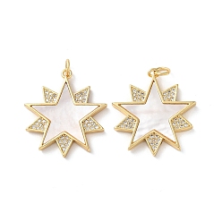 Звезда Латунные микро проложить кубического циркония подвески, без кадмия и без свинца, с раковиной и прыгать кольцо, реальный 18 k позолоченный, звезда, 25.5x23x3 мм, отверстие : 3 мм