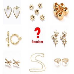 Random Color Lucky Bag, Random Brass Beads, Charms, Ring, Peg Bails, Necklaces Kits, Mixed Shapes and Style, Real 18K Gold Plated, Random Color, 10~105mm, 6 boxs/set, Ranging from 1 to 10 pcs in 1box