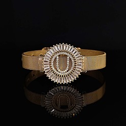 Letter U Латунные браслеты с микропаве из прозрачных кубических цирконий для женщин, плоские круглые с буквы, реальный 18 k позолоченный, Буква U, 8-1/4 дюйм (21 см)