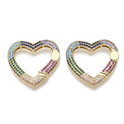 Real 16K Gold Plated Brass Micro Pave Cubic Zirconia Spring Gate Rings, Nickel Free, Heart, Colorful, Real 16K Gold Plated, 28x28.5x4mm, Inner Diameter: 16x21mm