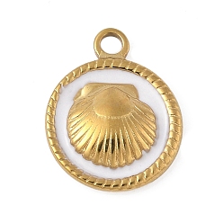Белый 304 нержавеющей стальной эмали подвески, плоская круглая с подвеской из ракушек, золотые, белые, 18.5x15x3.5 мм, отверстие : 2.5 мм