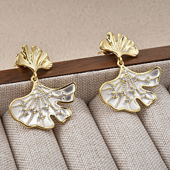 Белый Серьги-гвоздики из латуни с листьями гинкго, прозрачные серьги-гвоздики с кубическим цирконием для женщин, реальный 14 k позолоченный, с эмалью, белые, 29x24 мм