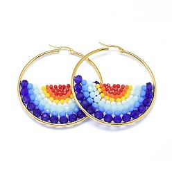 Разноцветный Серьги из 304 нержавеющей стали, серьги-кольца с бусинами, со стеклянными бусинами, плоско-круглые, золотые, красочный, 55.5~56x53.5~54x5.5~6 мм