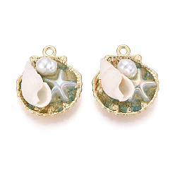 Темный Хаки Светящаяся стойка, покрытие из сплава, смолы и АБС-пластика, имитация жемчуга и фарфоровые подвески, подвески в форме ракушек, золотые, без кадмия, без никеля и без свинца, с блеском порошок, Темный хаки, 27.5x24x12 мм, отверстие : 2.2 мм