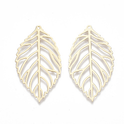 Матовый Золотой Цвет Латунные подвески, гравированные металлические украшения, без кадмия, без никеля и без свинца, матовый стиль, лист, матовый золотой цвет, 34.5x19x0.3 мм, отверстие : 1 мм
