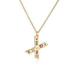 Letter X Ожерелья с подвесками-инициалами из латуни и разноцветными кубическими цирконами для женщин, реальный 18 k позолоченный, Письмо X, 17.72 дюйм (45 см), Кулон : 23x16 мм