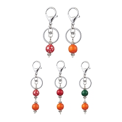 Платина Брелок из натурального окрашенного дерева с круглыми бусинами, с застежкой-лобстером из железного сплава, платина, 9.2~12.3 см, 5 шт / комплект