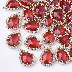 Красный Прозрачные стеклянные подвески, с латунной фурнитурой , граненые, слеза, золотой свет, красные, 19x14x4.5 мм, отверстие : 1.2 мм