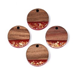 Темно-Красный Подвески из непрозрачной смолы и орехового дерева, плоские круглые прелести, с блестящей пудрой и золотой фольгой, темно-красный, 19x3~3.5 мм, отверстие : 2 мм