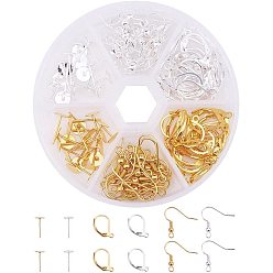 Mixed Color Brass Earring Setting Sets, with Leverback Earring Findings, Earring Hooks and Stud Earring Findings, Mixed Color, Pin: 0.7mm, 10x6mm, 19mm, Hole: 1.5mm, 15x10mm, Hole: 1mm, 20pcs/compartment, 120pcs/box