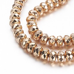 Гальванический Розовый Золотой Гальванизировать немагнитных синтетический гематит бисер пряди, граненые, рондель, розовое золото, 7.5x5 мм, отверстие : 1.5 мм, около 80 шт / нитка, 15.7 дюйм