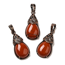 Красный Камень Природные красной яшмы подвески, латунные подвески-капли, Красная медь, без свинца и без кадмия, 31x15x8 мм, отверстие : 5x7.5 мм