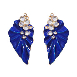 Dark Blue Alloy Enamel & Crystal Rhinestone Stud Earrings, Leaf, Golden, Dark Blue, 62x30mm