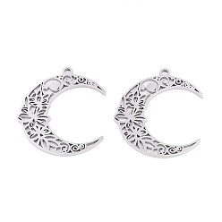 Нержавеющая Сталь Цвет 304 подвески из нержавеющей стали, Полая луна с цветочным шармом, анти-тускнение, цвет нержавеющей стали, 33x29x1.5 мм, отверстие : 2 мм