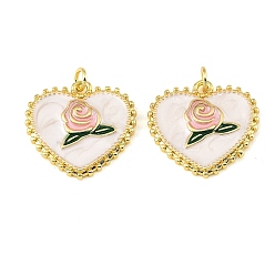 White Brass Enamel Pendants, Heart with Flower Charms, Real 18K Gold Plated, White, 21x22x3mm, Hole: 3mm