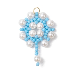 Темно-Голубой Подвески-цветы из стеклянных бусинок ручной работы, с 304 соединительным кольцом из нержавеющей стали и бусинами из ракушек, глубокое синее небо, 31x20.5x4 мм, отверстие : 3 мм