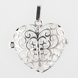 Серебро Подвески из латуни, для ожерелья, полые сердца, серебряный цвет гальваническим, 30x34x18 мм, отверстия: 3.5x7 мм, Внутренняя мера: 22x25 мм