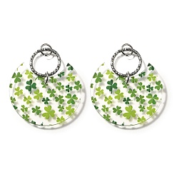 Зеленый Печатные акриловые подвески, сплющенный и клеверный, с платиновой петлей, зелёные, 46.5x40x2 мм, отверстие : 5.5 мм