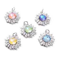 Mixed Color Brass Micro Pave Cubic Zirconia Pendants, Long-Lasting Plated, Real 18K Gold Plated with Glass, Snowflake, Mixed Color, 21.2x17.5x6.7mm, Hole: 3.6mm