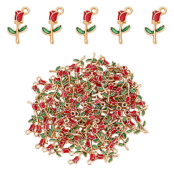 Красный 100 шт. Подвески из сплава эмали, роза форма, золотой свет, красные, 19x9x2.5 мм, отверстие : 1.8 мм