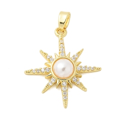 Настоящее золото 18K Латунные микропаве прозрачные подвески с фианитом, без кадмия и без свинца, с абс пластмассовой имитационной жемчужиной, солнечные чары, реальный 18 k позолоченный, 24x22x5 мм, отверстие : 4x2 мм