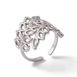 Stainless Steel Color Non-Tarnish 304 Stainless Steel Hollow Out Leaf Open Cuff Ring for Women, Stainless Steel Color, US Size 7 3/4(17.9mm)