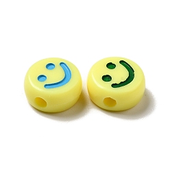 Mixed Color Opaque Acrylic Beads, Flat Round with Smiling Face Pattern, Mixed Color, 10x5mm, Hole: 2mm, about 1450pcs/500g