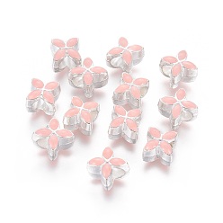 Pink Alloy Enamel European Beads, Large Hole Beads, Flower, Silver Color Plated, Pink, 10x10x8mm, Hole: 5mm