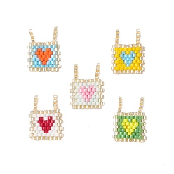 (52) Непрозрачная лаванда Стеклянные подвески из бисера, квадрат с сердцем, разноцветные, 17.5~18.5x13.5x3.5 мм, отверстие : 1.8 мм