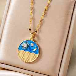 Золотой Элегантные латунные ожерелья с подвесками в виде волн, солнца и луны из морской эмали, с четким кубического циркония, золотые, 15.75 дюйм (40 см)