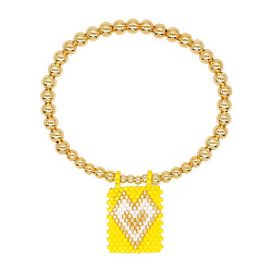 Желтый Богемные стеклянные браслеты с подвесками из бисера, латунные круглые бусины эластичные браслеты для женщин, Прямоугольник с сердцем, золотые, желтые, регулируемый