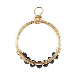 Black Glass Pendants, Wire Wrapped Pendants, with Real 18K Gold Plated Copper Wire, Ring, Black, 27x22x5mm, Hole: 2~3mm
