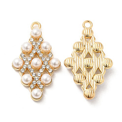Light Gold Подвески из сплава , с хрустальными стразами и абс пластика имитация жемчуга, ромбовидный шарм, без свинца и без кадмия, золотой свет, 29x16.5x4.5 мм, отверстие : 1.8 мм