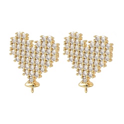 Настоящее золото 18K Фурнитура для сережек-гвоздиков в форме сердца из латуни с микропаве из прозрачных кубических цирконий, без кадмия и без свинца, стойки покрытие, долговечный, реальный 18 k позолоченный, 21.5x20.5 мм, штифты : 0.7 мм