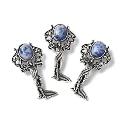 (306FM) Жонкиль матовый с лаймовой подкладкой Подвески из натуральной латуни с синими пятнами из яшмы, с целью перехода в кольце, античное серебро, 38x19.5x7.5~9.5 мм, отверстие : 2x6.5 мм