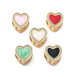 (52) Непрозрачная лаванда Стойка покрытие латунь с кубическим цирконием европейские бусины и эмаль, сердце, бусины с большим отверстием, долговечный, без свинца и без кадмия, разноцветные, 12x12.5x8 мм, отверстие : 5 мм