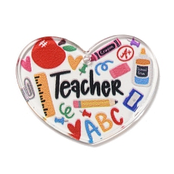 Colorful Study Style Opaque Acrylic Sided Pendants, Heart with Word Teacher, Colorful, 32.5x40x2.4mm, Hole: 2.1mm