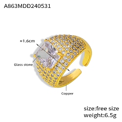 Прозрачный Латунь микро проложить кубический цирконий палец кольцо, со стеклом, для женщин, золотые, прозрачные, 16 мм, внутренний диаметр: регулируемый